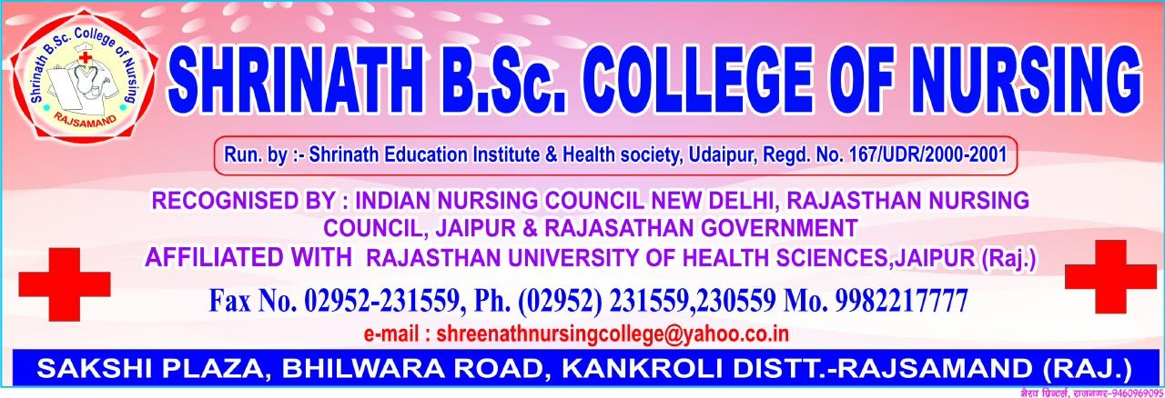 College banner for Shrinath B.Sc. College of Nursing, Rajsamand, stating its recognition, affiliation with Rajasthan University of Health Sciences, Jaipur, and contact details.